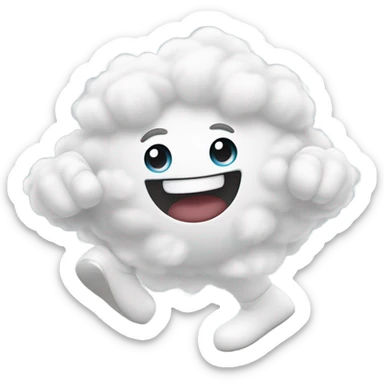 emoji of a fluffy white cloud in a dancing pose. cartoon style. arms and legs are expressive with lively movement. cheerful expression with closed eyes and a wide smile. isolated cutout. soft 3D lighting. no cast shadows. sticker