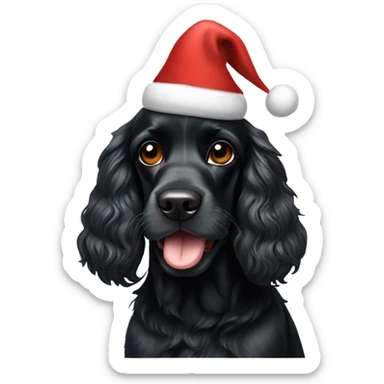 Black cocker spaniel wearing a Christmas hat sticker
