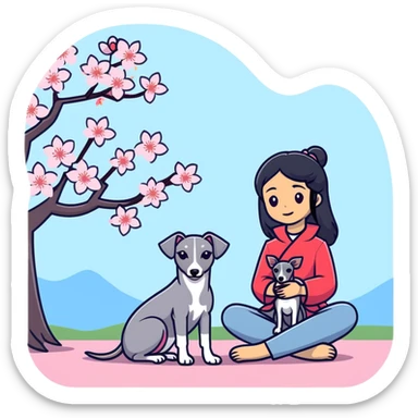 A beautiful 25-year-old Chinese woman with long black hair and a pure dark grey Italian Greyhound with absolutely NO white markings anywhere on its body sitting under a cherry blossom tree. The dog must be completely solid dark grey with no white on muzzle, paws, or chest. sticker