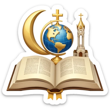 An icon featuring religious symbols like a cross, crescent moon, and star, alongside an open book, symbolizing the study of religion. The design includes a globe and a temple in the background, representing global faith traditions and spiritual exploration. Transparent background sticker