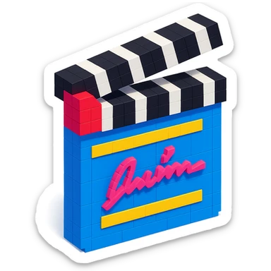 voxel style movie clapperboard with a director's signature, isometric view sticker