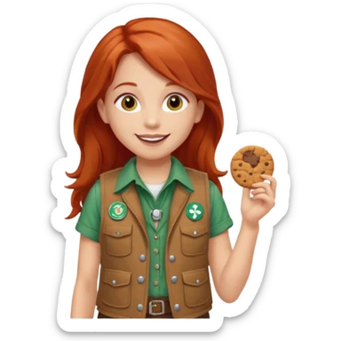 happy white girl scout with red long hair selling cookies with a brown Girl Scout vest and white shirt under vest. She should be around 10 years old sticker
