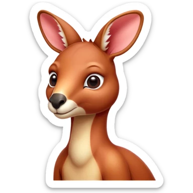 Cinematic Cute Adult Red Kangaroo Portrait Emoji, Head tilted playfully and inquisitively, showcasing a charming, robust build with soft reddish fur and a uniquely red kangaroo-like head featuring a gentle, elongated snout and rounded ears, with large, sparkling eyes full of wonder, Simplified yet irresistibly adorable features, highly detailed, glowing with a warm, friendly glow, high shine, affectionate and lively, stylized with a touch of outback whimsy, soft glowing outline, capturing the essence of a mischievous yet loving kangaroo that seems as if it could hop out of the screen into your arms! sticker