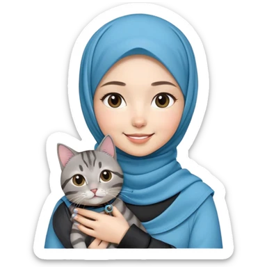 Asian White girl wearing cute hijab holding a black grey tabby cat while smiling. The cat is wearing a blue collar sticker