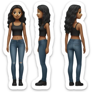 stylish girl in denim jeans, using a black short top. with a realistic nose, and black straight and long hair but no 100% black sticker
