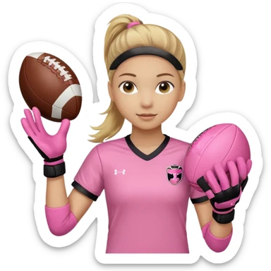 Make a dirty blonde football goalkeeper with goalkeeper gloves on holding a regular football. NOT AN AMERICAN FOOTBALK BALL. The girl is light skinned and wearing a light pink football. Wearing a ponytail with the dirty blonde. Make it without the whole body sticker