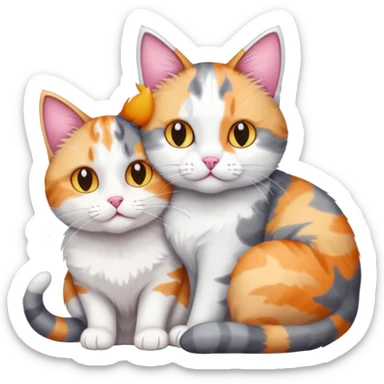 grey and white cat cuddling a colourful light patched calico + white tabby cat sticker