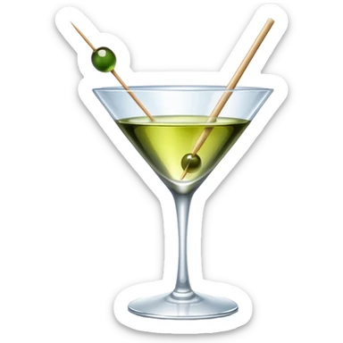 martini glass with crystal clear transparent liquid and an olive at the bottom skewered by a toothpick sticker