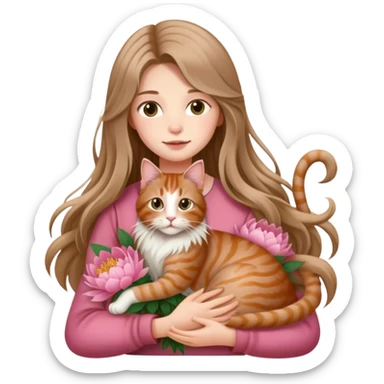 A long haired girl holding a long haired tabby in peony sticker