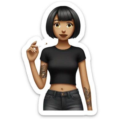 skinny girl with bob haircut smoking cigarette, she is wearing black t-shirt and has lotus tattoo on her shoulder sticker