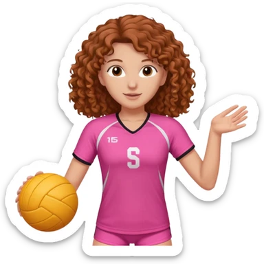 white volleyball player with brown curly hair & pink outfit (long hair) precision details + white and orange ball sticker
