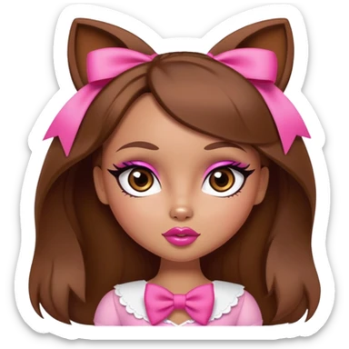 Bratz doll character with brown hair, pink bow, large lips, and almond-shaped foxy eyes sticker