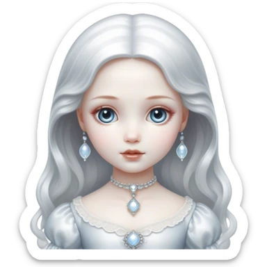 Cinematic, sitting, Ultra realistic 32k HD, hauntingly beautiful porcelain doll, Balanced features, highly detailed, glowing with silver light, high shine, remembrance, a painting of white silver, fanciful, enchanting, ghostly. The image is so lifelike it could leap off the canvas at any moment sticker