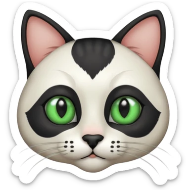 Haz una gata de ojos verdes la cara blanca con mancha negra en las orejas que agarra parte de la frente del lado der pero del iz va desde el ojo hasta la oreja la mancha, tiene la nariz negra en forma de corazón y todo lo que sobra de la cara, barbilla la nariz arriba y el lado de bigotes es blanca sticker