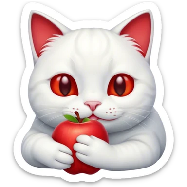 White cat smiling resting its head on and holding a red apple  sticker
