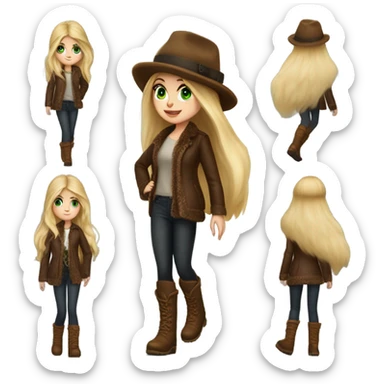 Realistic White girl with Long straight blonde hair, green eyes, tattoos, full body wearing Brown fur coat and fur hat and Brown leather boots, walking sticker