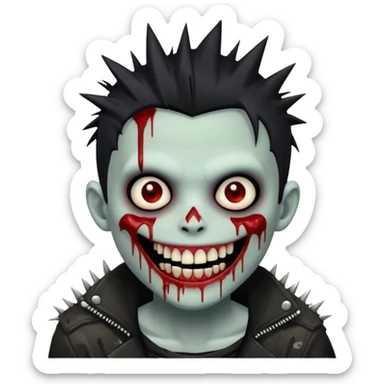 zombie boy withemo spiky hair, white skin, and white eyes; an open smile, and bloodied teeth; sticker