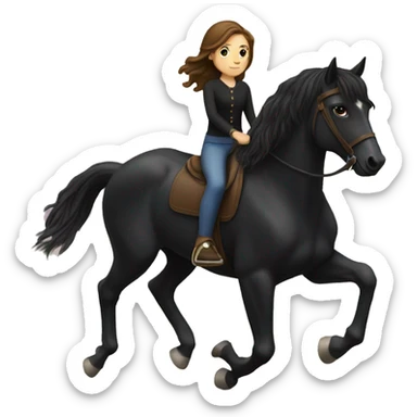 Girl with brown hair riding a black horse  sticker