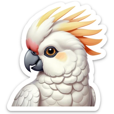 Cinematic Noble Cockatoo Portrait Emoji, Poised and regal, with a striking, crest-adorned head of brilliant white and pastel hues, a robust, curved beak, and piercing, intelligent eyes, Simplified yet sharp and sophisticated features, highly detailed, glowing with a soft, tropical luminescence, high shine, intelligent and majestic, stylized with an air of avian elegance, focused and alert, soft glowing outline, capturing the essence of a watchful and confident cockatoo that appears ready to unfurl its crest out of the screen with effortless authority! sticker
