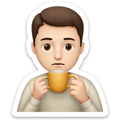 tired programmer with dark circles under his eyes drinks coffee holding a mug sticker