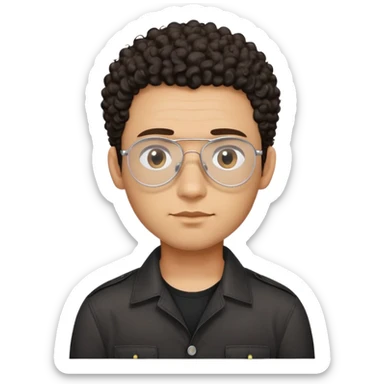 Man with small face and prominent forehead, teardrop-shaped aviator glasses, very minimal dark curly hair on top with completely shaved sides, light brown complexion, gentle expression, black button-up shirt sticker