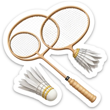 Two crossed badminton rackets with a shuttlecock resting in between, set against the faint outline of a badminton court. The image highlights the tools of the sport, with a subtle emphasis on the court's net and boundaries, symbolizing competition and skill. sticker