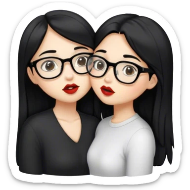 A girl with long black hair and a girl with short black hair and glasses kissing. sticker