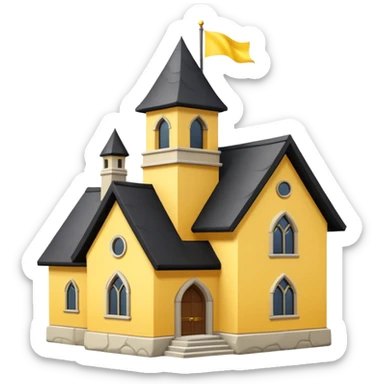 simple magic school, low detail, white background, magic school, black roof, with a big flag, big flag on a roof, big yellow flag, white school sticker