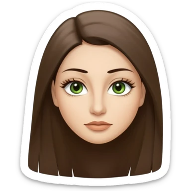 40 year old Adult woman avatar, light skin tone, long, oval face, long straight ashy brown hair, green almond-shaped eyes with dramatic eyelashes and minimal eyeliner, neutral mouth, medium straight eyebrows, small nose, smooth skin sticker