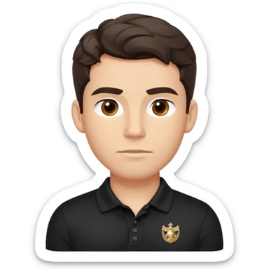 He’s a man with light to medium skin, a defined oval face, full brows, deep-set eyes, and wavy short dark brown tall hair styled with height, sides are trimmed. muscular. expression calm and focused relaxed black polo shirt. polished, articulate, and coach vibe. personal development.  sticker