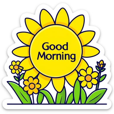 Spring flowers in garden with sun with inscription Good morning  sticker