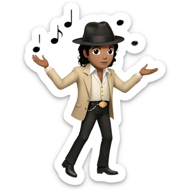 Icon for R&B Music: Michael Jackson in his iconic pose at the end of a song, head tilted, holding his black fedora with one hand. He stands in profile, embodying the smooth and soulful energy of R&B. Musical notes surround him. Transparent background. sticker