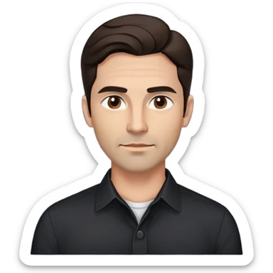 Fit good-looking 40-year-old with young appearance, light brown complexion, elongated face, fine jawline, intense dark eyes, medium eyebrows, straight nose, attractive confident expression, medium wavy dark hair with modern styling, wearing a crisp black button-down shirt sticker