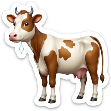 cinematic-[brown and white cow]-realistic-full-body-standing-emoji,-tail-flicking-lazily,-head-tilted-dramatically,-sleek-[brown and white]-coat,-simplified-yet-realistic-focused-features,-highly-detailed,-glowing-with-an-almost-sarcastic-glow sticker