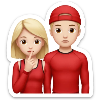 Girl and boy in red gym clothes and thoughtful faces and They have one hand on lip sticker