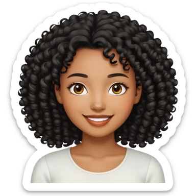 a young woman.She has voluminous, curly black hair long that frames her face beautifully. Her skin tone is black light and glowing, and she has a subtle, natural makeup look. She’s smiling softly at the camera. She is wearing a white top sticker