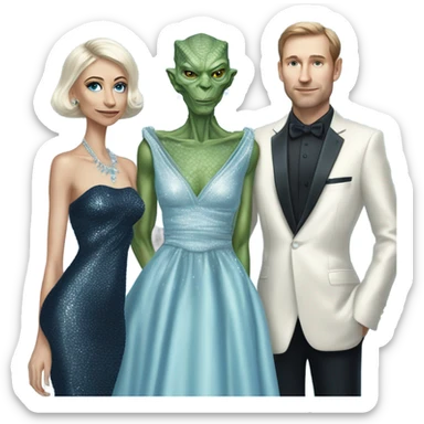 reptilian alien woman, in long slim pastel blue formal party satin dress with gradient shiny sparkling navy blue diamonds embroidered , and caucasian man in black dress sticker