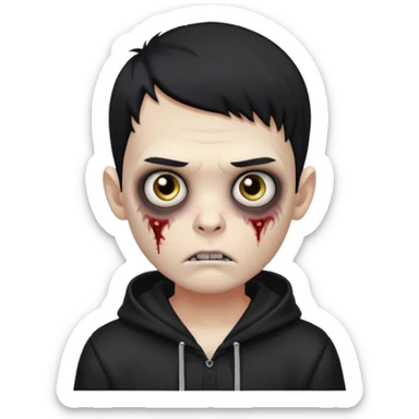 Zombie boy with the short black hair, pale-white skin, black eyes, little fangs and dark circles under his eyes. He has serious face and he wear a black hoodie sticker