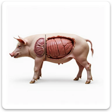 split image left side human body right side pig body, internal organs highlighted and labeled, educational hyperrealistic 4K style sticker