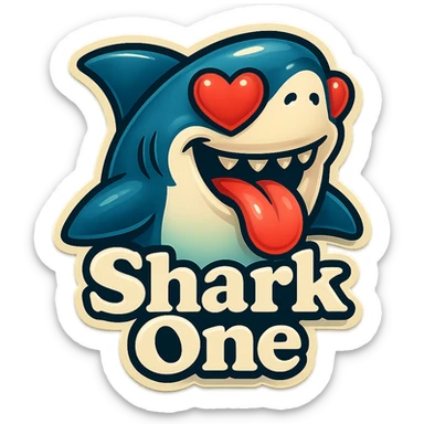 mouth open with tongue out heart shaped eye add the words “ Shark One " in White sticker