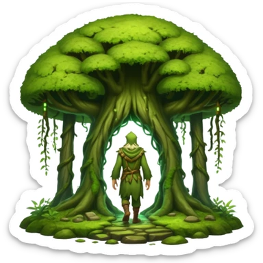 full body moss druid man, from behind walking into glowing forest portal sticker