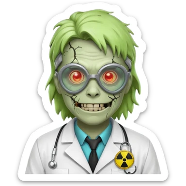 radioactive zombie scientist portrait, head and shoulders only, glowing toxic veins, cracked goggles, lab coat with radiation badge, sinister smile, 3D cartoon, mobile game icon style, clean background, no text, no watermark
 sticker