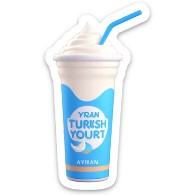 A small carton of Turkish yogurt drink (ayran) with a straw, white and blue packaging sticker