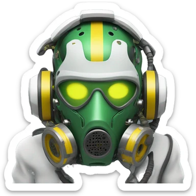 Green skin cyborg head with dark yellow Mohawk, white respirator mask and circuitry sticker