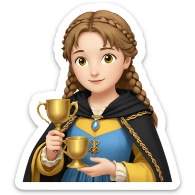 Helga Hufflepuff, light blue eyes, brown-haired, two braids, yellow-black medieval dress, black cloak decorated with gold braiding, tiny gold cup with two handles, very kind smile, half-turned in profile, curvy busty sweet woman, macromastia, thick round rosy cheeks, full length with medieval shoes sticker