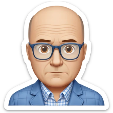 50-year-old heavyset man with wide face and prominent square jawline. Hair only on top of head with completely bald sides (horseshoe pattern baldness). Large dark square glasses. Serious-relaxed expression. Light gray jacket that fits his larger frame, white shirt with blue checkered pattern. sticker