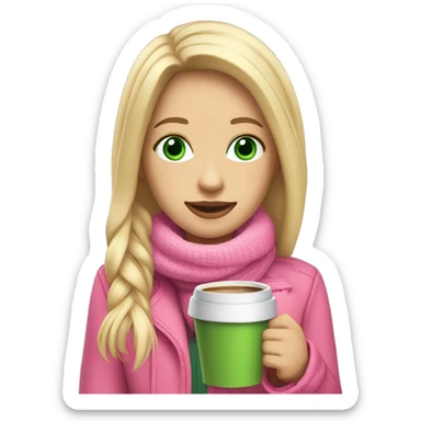 blonde girl long straight hair with green eyes a pink earmuffs pink jacket crème scarf with a hot coffee in her hand  sticker