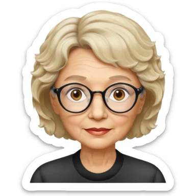 woman 70 years old, very short blonde weavy hair, brown eyes and round dark glasses sticker
