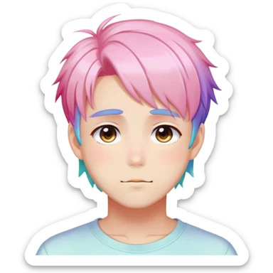 Gorgeous romantic anime style shojo man with blushing face aesthetic and pretty colorful shiny gradient pastel hair trending style sticker