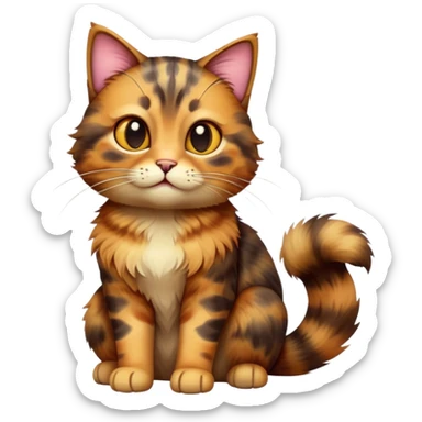 cinematic-[tortoiseshell tabby cat]-realistic-full-body-sitting-emoji,-tail-curled-playfully-around-its-paws,-head-tilted-dramatically,-scruffy-[tortoiseshell coloured]-fur,-simplified-yet-realistic-focused-features,-highly-detailed,-glowing-with-an-almost-sarcastic-glow sticker